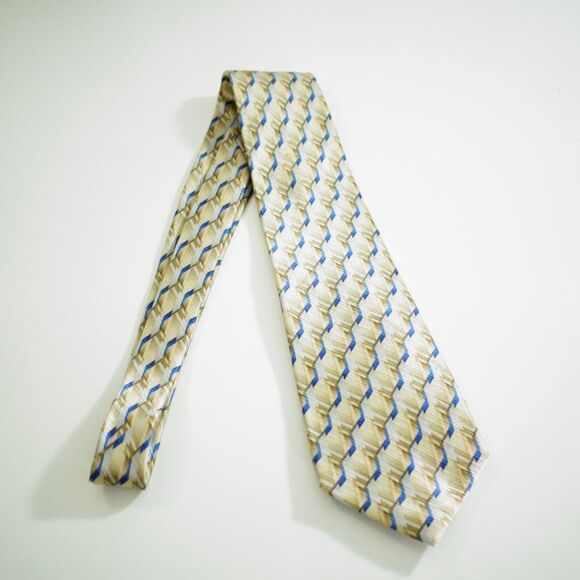 John Ashford Yellow Blue Geometric Abstract Jacquard Print Silk Tie - Picture 7 of 7